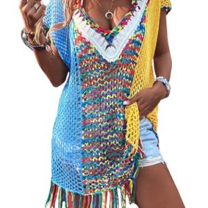 Women's Fringe Hem Color Block Knitted Crochet Swim Coverup Sheer Beach Dress