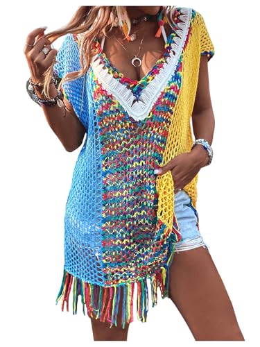 Women's Fringe Hem Color Block Knitted Crochet Swim Coverup Sheer Beach Dress