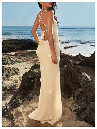 Women's Plunge Neck Backless Low Cut Maxi Dress Rose Floral Wedding Guest Dresses