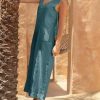 Women Button Down Jumpsuits Cotton Linen Sleeveless Casual Wide Legs Rompers Loose Overall with Pockets(Teal-XL)