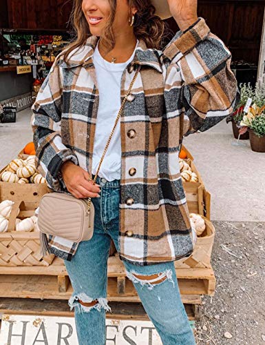 Women's Fall Color Block Plaid Flannel Shacket Jacket Button Down Shirt Coat Tops