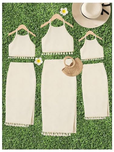 Girl's 2 Piece Summer Clothes Tassel Halter Crop Top and Slit Midi Skirt Set Vacation Outfits