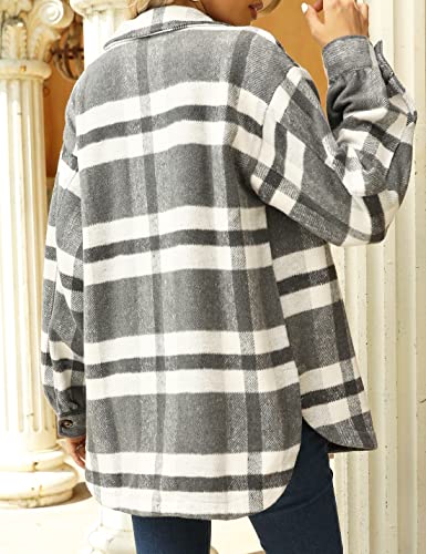 Womens Fall Flannel Plaid Shacket Jacket Wool Blend Button Down Shirt Coat Tops(#2 Grey-L)