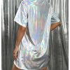 Women's Y2k Shiny Holographic Short Sleeve Metallic Party Disco Oversized Tshirt Dress