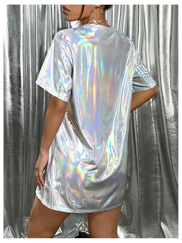 Women's Y2k Shiny Holographic Short Sleeve Metallic Party Disco Oversized Tshirt Dress