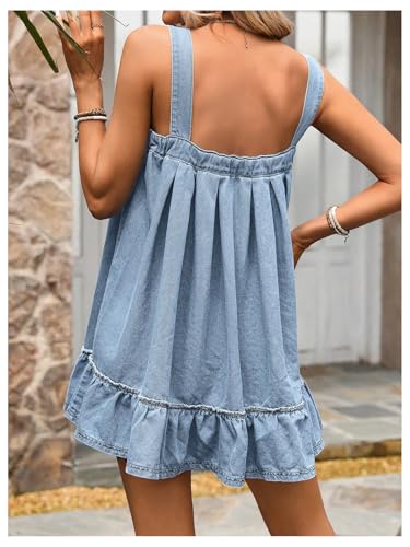Women's Ruffle Hem Denim Mini Dress Sleeveless Button Up Flowy Jean Tank Dresses