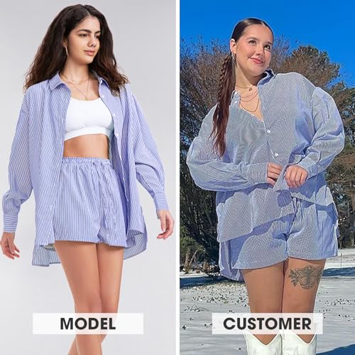 Women's Summer 2 Piece Sets Long Sleeve Button Down Shirts Matching Short Sets Beach Vacation Cruise Outfits 2025