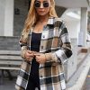 Women's Fall Color Block Plaid Flannel Shacket Jacket Button Down Shirt Coat Tops