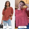 Women's Summer Tops Dressy Casual Short Lantern Sleeve Shirts Crew Neck Hollow Out Lace Embroidered Blouses Shirts