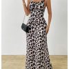Women's Leopard Bodycon Cami Dress Cowl Neck Backless Long Maxi Dress Party Clubwear
