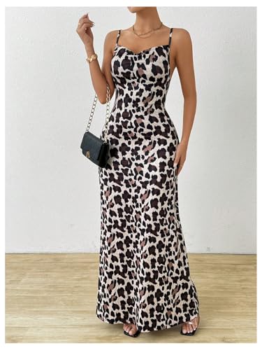 Women's Leopard Bodycon Cami Dress Cowl Neck Backless Long Maxi Dress Party Clubwear