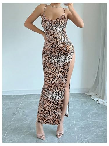 Women's Sexy High Slit Leopard Maxi Dress Open Back Bodycon Backless Cami Dress