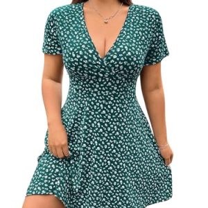 Women's Plus Size Floral Sundress V Neck A Line Flowy Short Sleeve Boho Cute Dress
