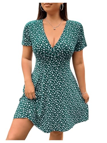 Women's Plus Size Floral Sundress V Neck A Line Flowy Short Sleeve Boho Cute Dress
