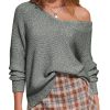 Womens Fall Oversized Sweaters Cotton Long Sleeve V Neck Off Shoulder Sweater Pullover Jumper Tops Trendy Winter 2025