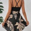Women's Criss Cross Backless Wrap V Neck A Line Belted Flowy Tropical Cami Dress