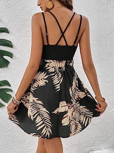 Women's Criss Cross Backless Wrap V Neck A Line Belted Flowy Tropical Cami Dress