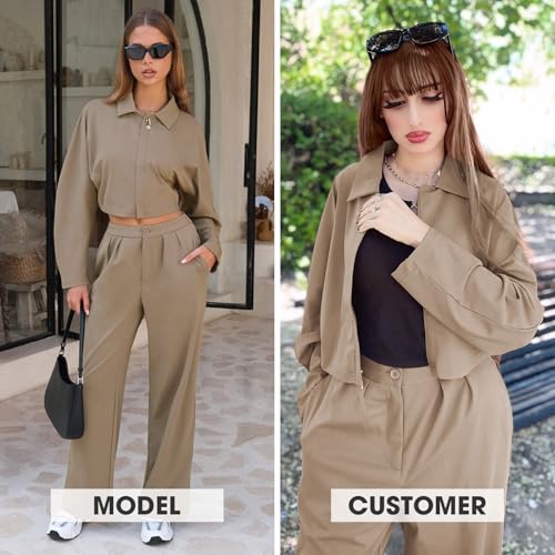 Women Fall 2 Piece Outfits Long Sleeve Zip Up Crop Sweatshirts Jacket Wide Leg Pants Airport Travel Matching Sets 2025