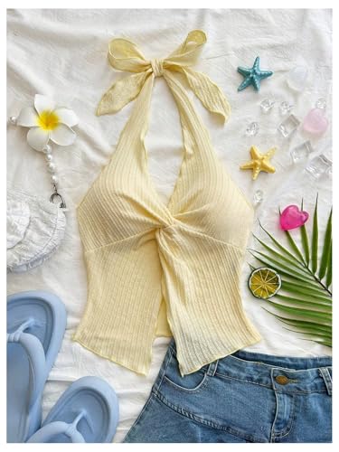 Women's Twist Front Tie Halter Neck Split Hem Backless Summer Going Out Crop Top