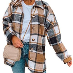 Women's Fall Color Block Plaid Flannel Shacket Jacket Button Down Shirt Coat Tops