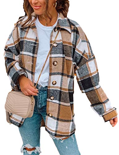 Women's Fall Color Block Plaid Flannel Shacket Jacket Button Down Shirt Coat Tops