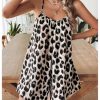 Women's Summer Spaghetti Strap Loose Leopard Romper Casual Short Jumpsuit