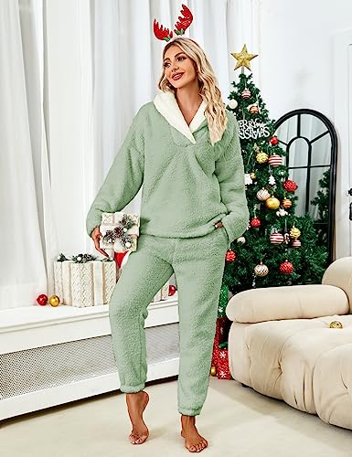 Women's Fleece Pajamas Sets Fluffy Sleepwear Warm Sherpa Pullover Pants with Pockets