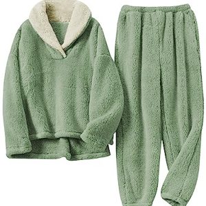 Women's Fleece Pajamas Sets Fluffy Sleepwear Warm Sherpa Pullover Pants with Pockets