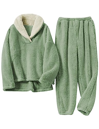 Women's Fleece Pajamas Sets Fluffy Sleepwear Warm Sherpa Pullover Pants with Pockets