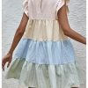 Women's Summer Ruffle Cap Sleeve Color Block Tiered Flowy Babydoll Mini Dress Sundress