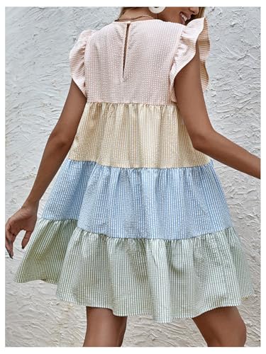 Women's Summer Ruffle Cap Sleeve Color Block Tiered Flowy Babydoll Mini Dress Sundress