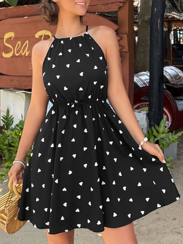 Girl's Summer Halter Neck Dress Heart Print Sleeveless A Line Flowy Short Sundress
