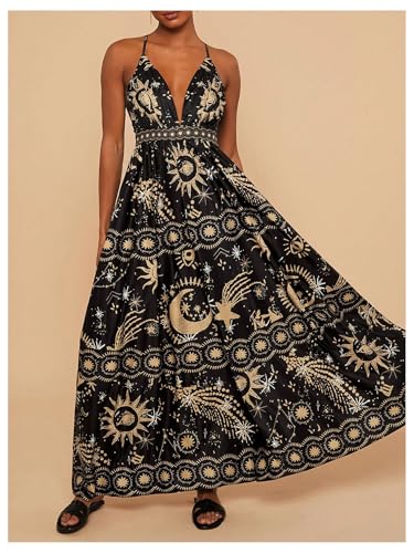 Women's Summer Tropical Sundress Deep V Neck Criss Cross Backless Flowy Maxi Dress
