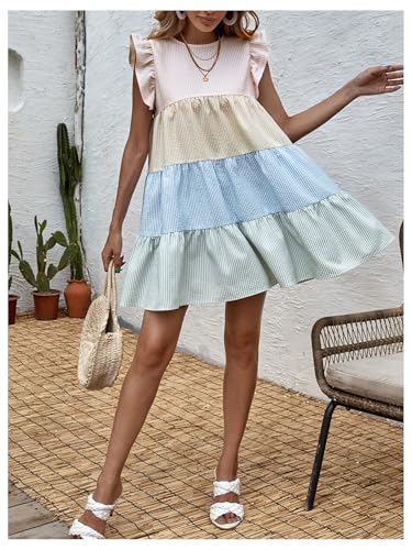 Women's Summer Ruffle Cap Sleeve Color Block Tiered Flowy Babydoll Mini Dress Sundress