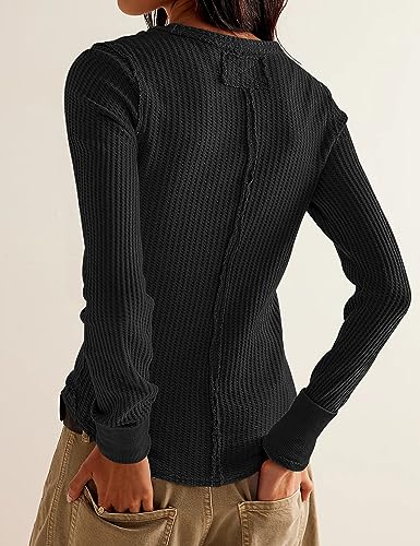 Women's Waffle Knit Tops Long Sleeve Shirts Casual Slim Fitted Crew Neck Pullover Shirts
