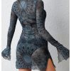 Women's Mesh Sheer Bell Long Sleeve Dress Side Slit Bodycon Boho Hippie Mini Dress