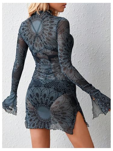Women's Mesh Sheer Bell Long Sleeve Dress Side Slit Bodycon Boho Hippie Mini Dress