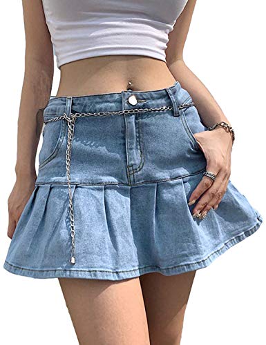 Women's Casual Slim A-line Pleated Ruffle Short Mini Denim Skirts