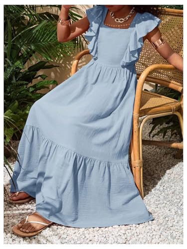 Girl's Summer Tie Back Bow Flutter Sleeve Square Neck Ruffle Hem Swing Maxi Dress