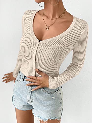 Women's Ribbed Knit Button Down V Neck Lightweight Cropped Cardigan Sweater