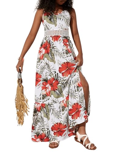51zBT9bOmwL.jpg Girl's Floral Sleeveless Split Thigh Ruffle Hem Summer Boho Maxi Cami Dress
