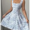 Women's Summer Floral Square Neck Tie Back Bow A Line Fit and Flare Flowy Boho Dress