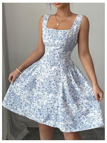 Women's Summer Floral Square Neck Tie Back Bow A Line Fit and Flare Flowy Boho Dress