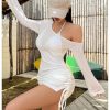 Women's Sheer Swimsuit Cover Up Long Sleeve Ruched Drawstring Beach Dress Coverups