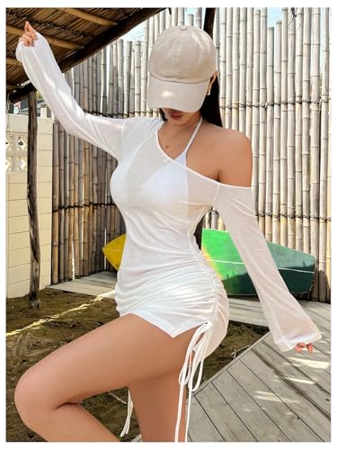 Women's Sheer Swimsuit Cover Up Long Sleeve Ruched Drawstring Beach Dress Coverups