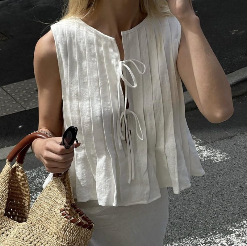 Linen Bow Tie Front Tank Top Women Coquette Pleated Peplum Blouse Y2K Babydoll Ruffle Shirt Sleeveless Tunic Outfits